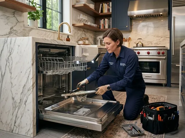 Appliance Repair Hero technician servicing a built-in dishwasher in a Altavista, VA kitchen
