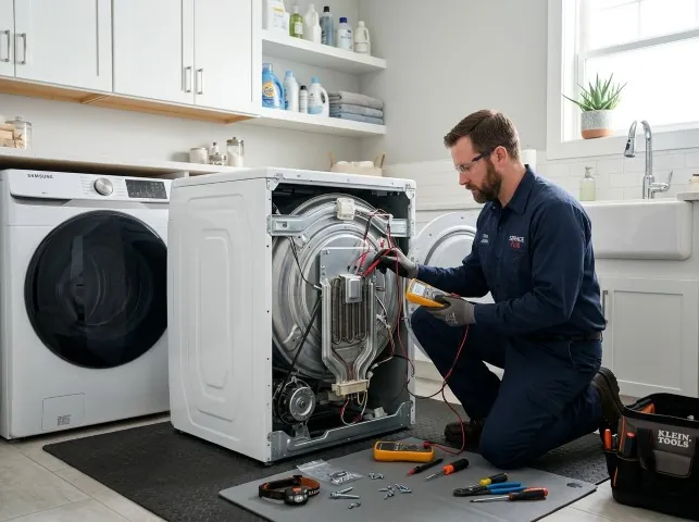 Appliance Repair Hero technician checking a dryer heating element with the rear panel off in Altavista, VA
