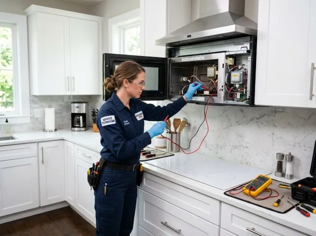 Appliance Repair Hero technician testing an over-the-range microwave in a Altavista, VA kitchen