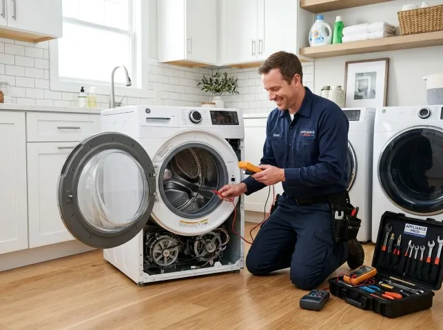 Appliance Repair Hero technician testing a front-load washer with a multimeter on a Altavista, VA service call